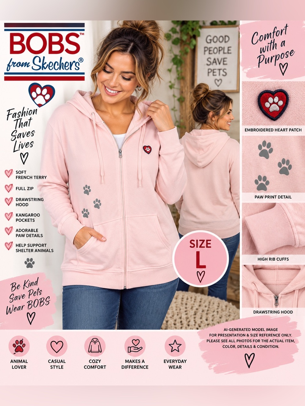 NWT BOBS From Skechers Rescued High Rib Pink Zip Hoodie L